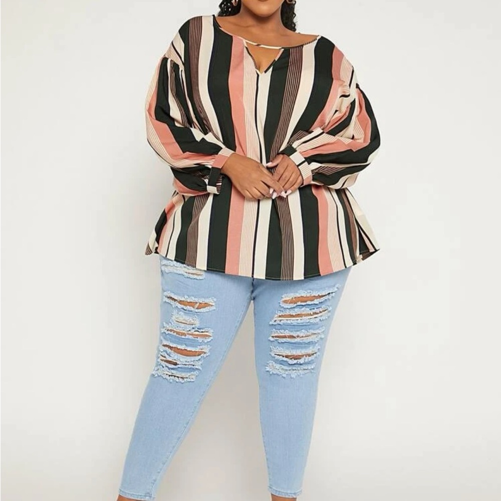 Plus Striped Keyhole Neck Drop Shoulder Blouse 24W NWT